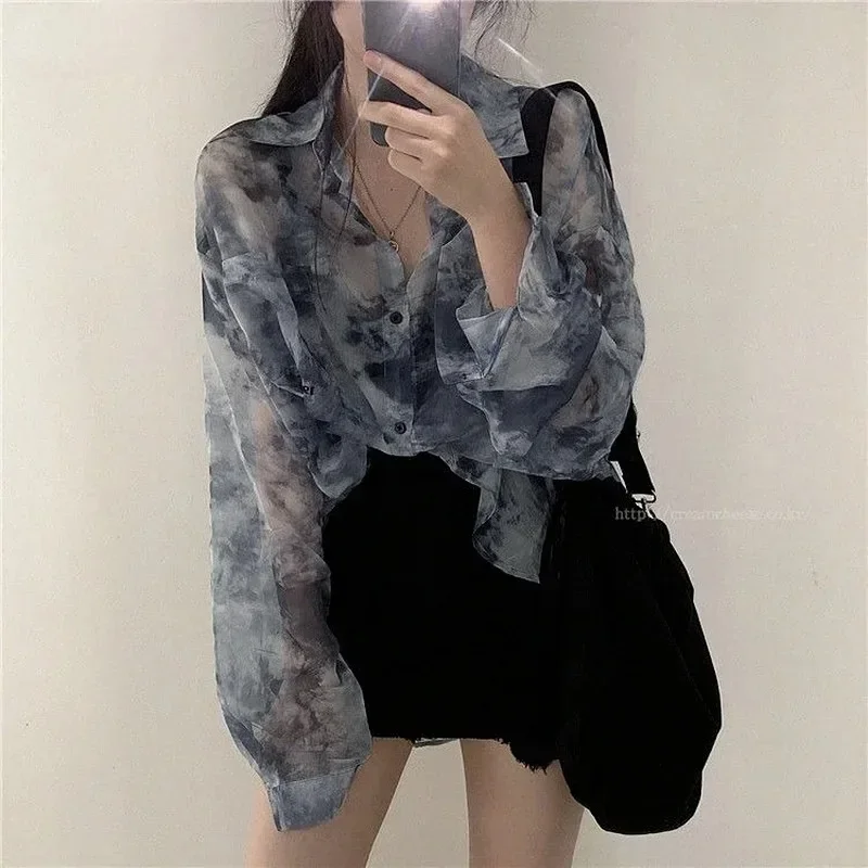 

Vintage Transparent Blouse Sexy Mesh Sunscreen Short Navel Shirt Tie Dye Tee Sheer Blouse Hot Babes Pullover Y2K Street Wear