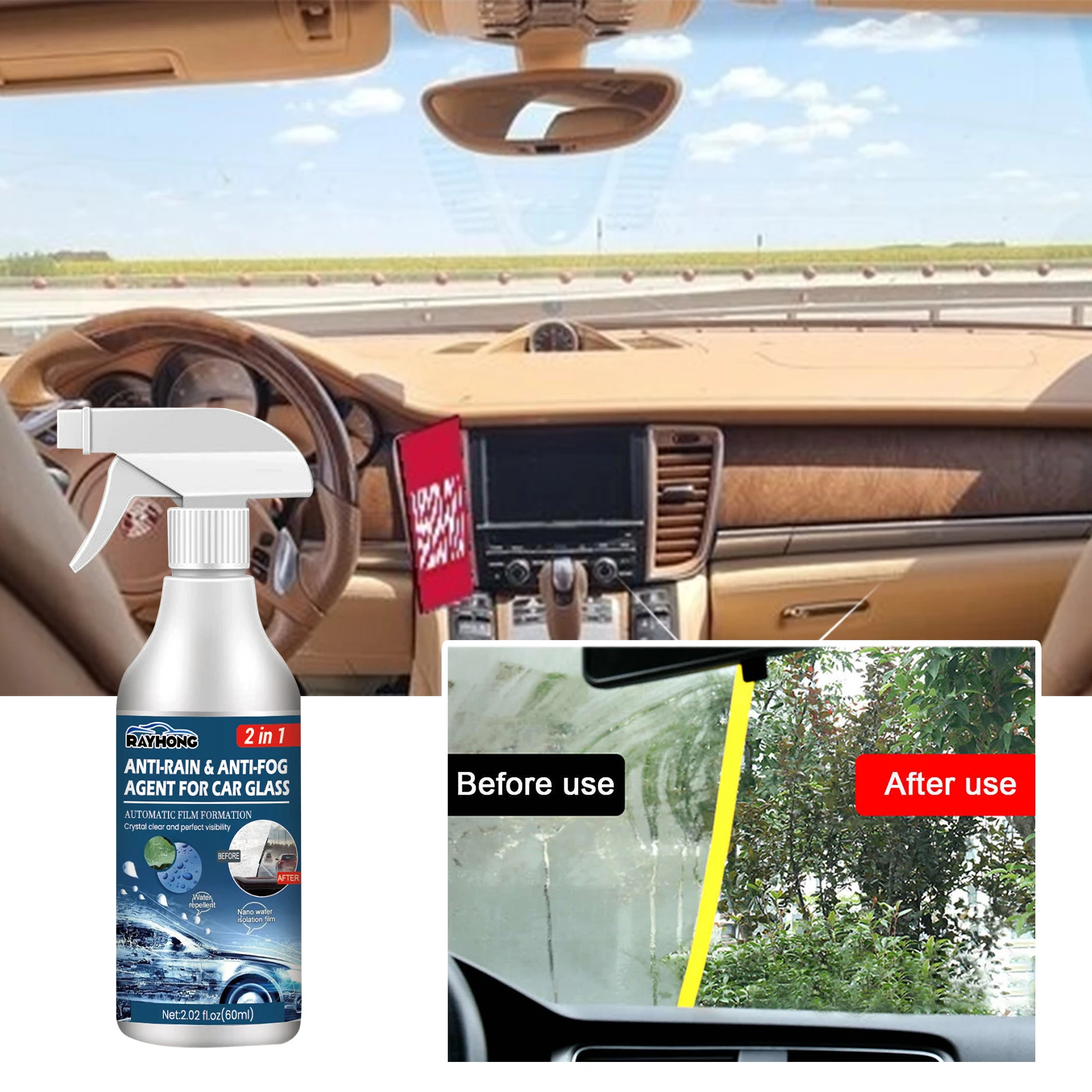 60ML Anti-Rain & Anti-Fog Coating Agent Auto Window Hydrophobic Agent Anti Fog Spray Defogger for Car Windshield Glass image 2