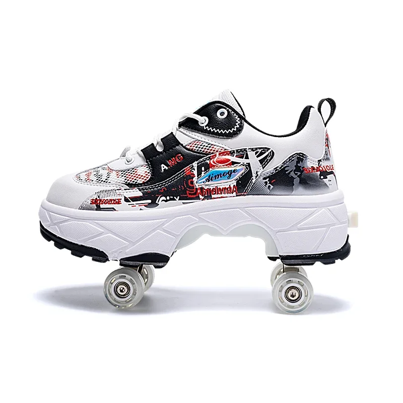 Popular 2024 Deformable Large Four-wheel Brake Shoes for Children Black Walking Shoes Boy Rage Shoes Four Wheel Student