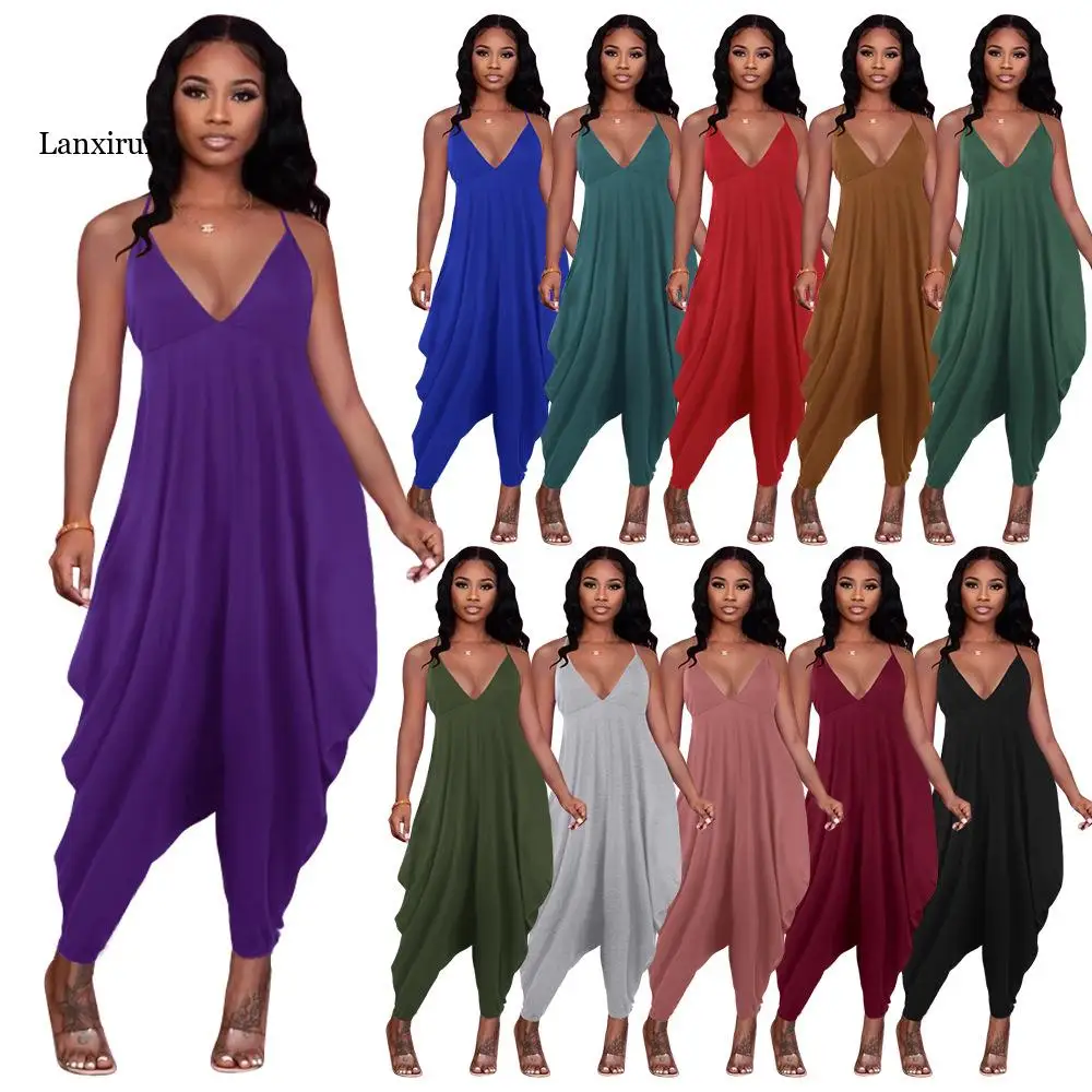 

Women Spaghetti Strap V-neck Draped Haren High Waist Tunic Jumpsuit Sexy Party One Piece Overall Romper Playsuits 2022