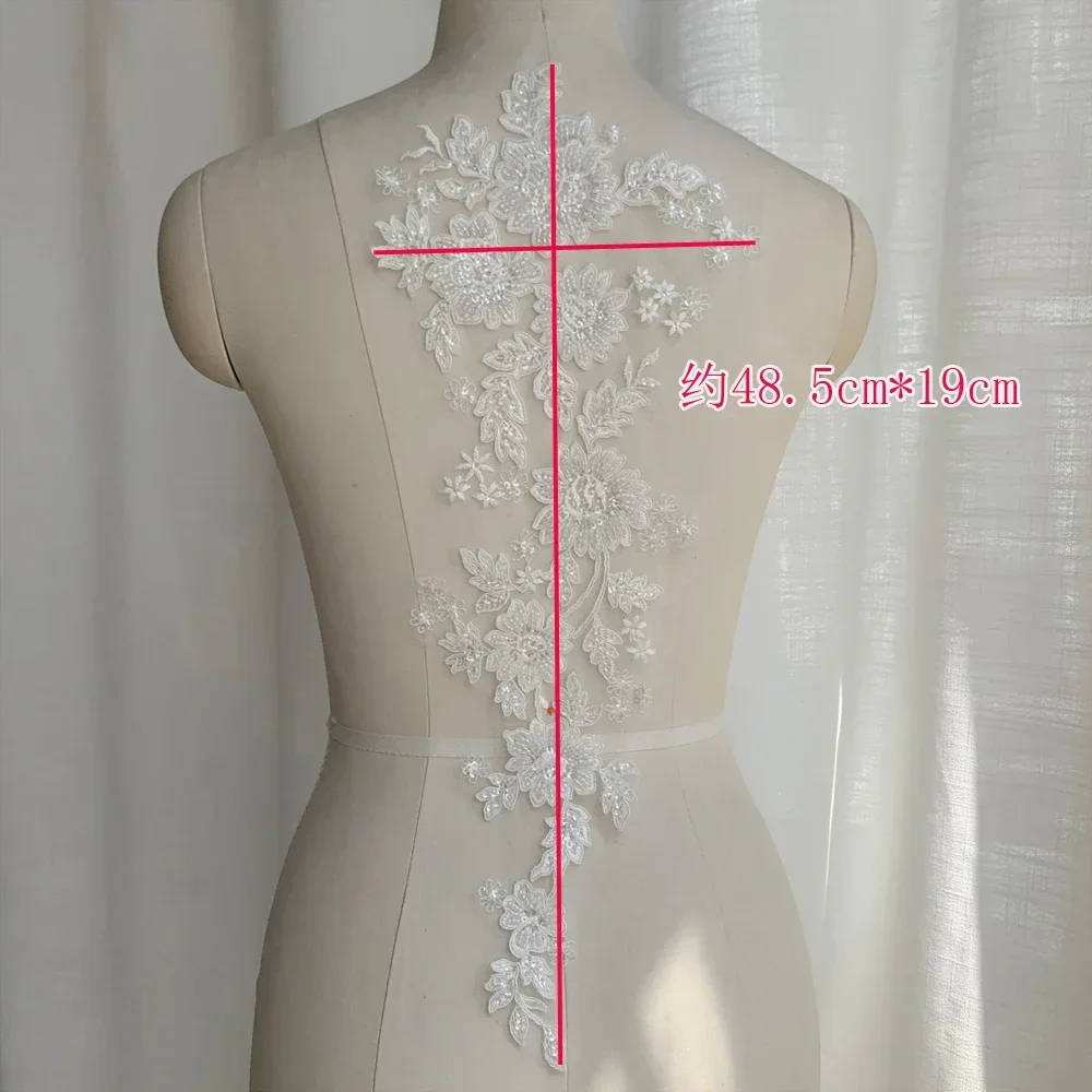 48,5*19 CM blanco cuentas de seda Artificial lentejuelas flor bordado encaje espejo pegatina vestido de novia ropa decoración de fondo