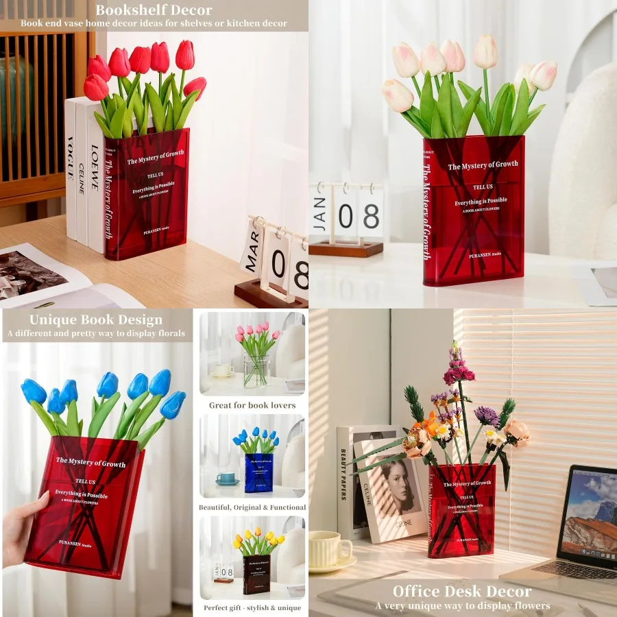

Красная ваза в форме книги для цветов — элегантный эстетический декор комнаты для современного дома или офиса, минималистичный органайзер-полка с флорой