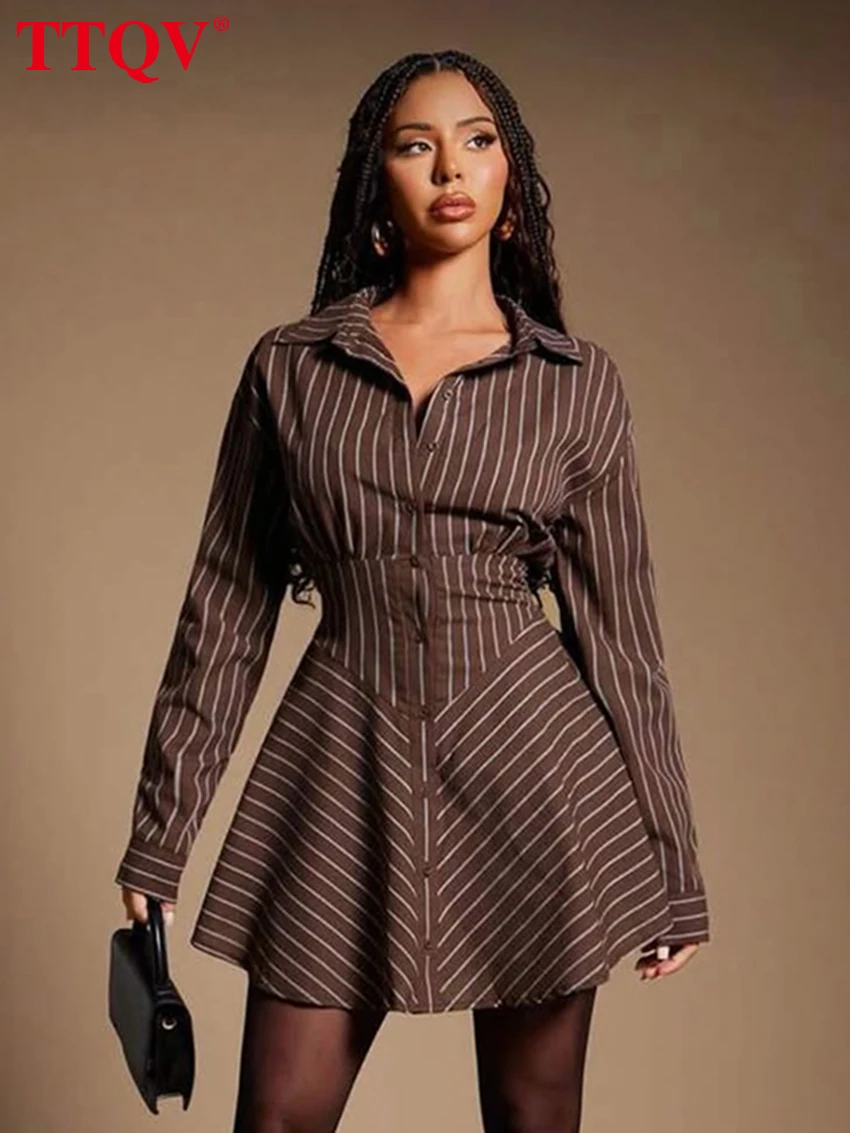 

TTQV Fashion Loose Print Women's Dress 2026 Spring Lapel Long Sleeve Mini Dresses Lady Elegant Classic High Waist Female Dress