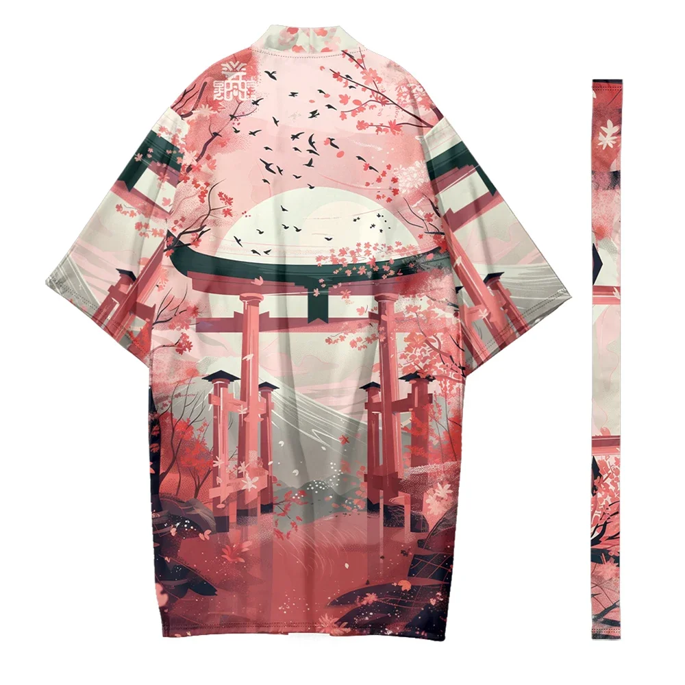 

Autumn Samurai Kimono Cosplay Japanese Fashion Long Kimono Unisex Haori Kimonos Pink Cardigan Landscape Print Yukata Robe