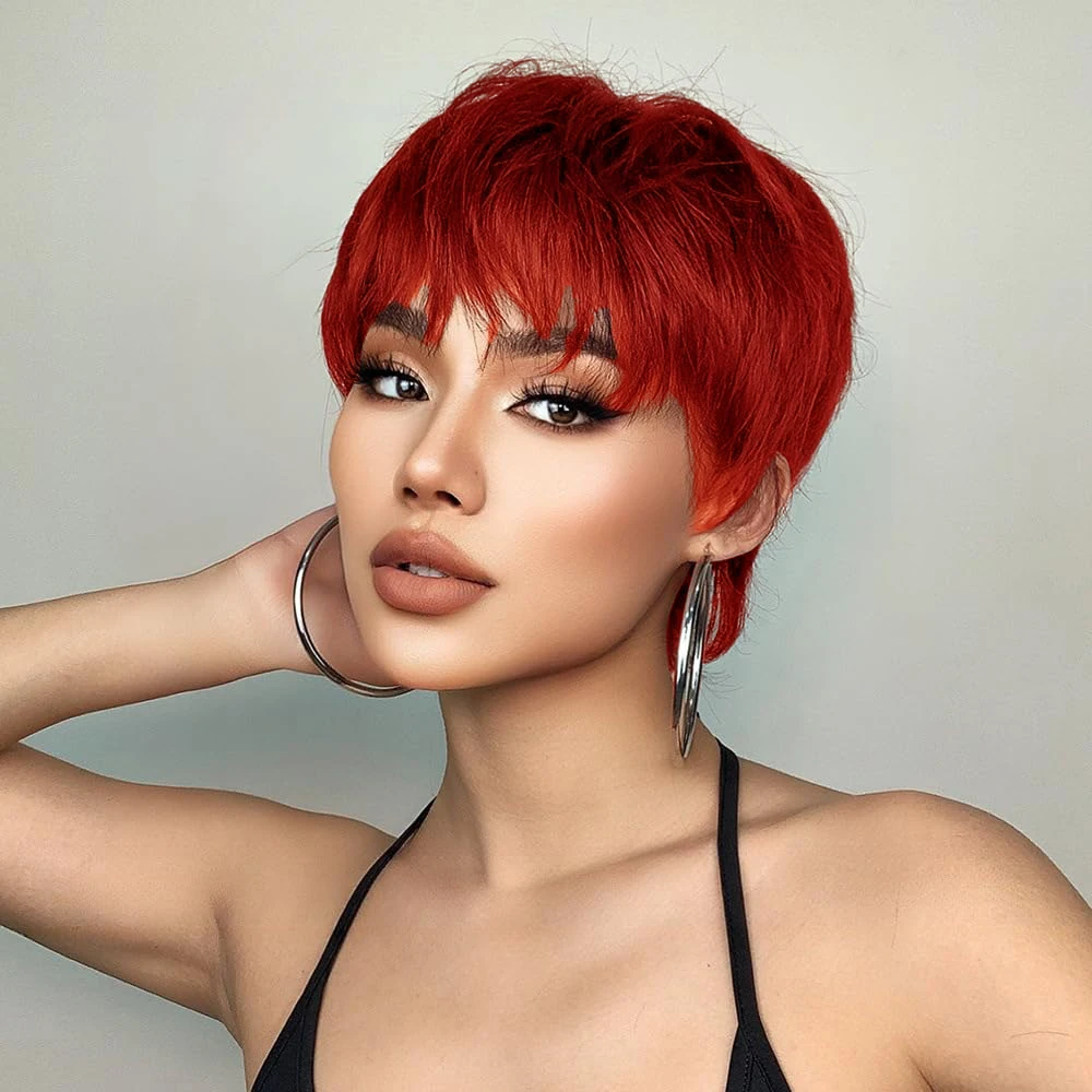 اللون الأحمر قصيرة عابث قطع شعر مستعار شعر طبيعي مفرود الباروكات مع الانفجارات قبل قطعها للنساء كامل آلة صنع قبعة شعر مستعار برازيلي