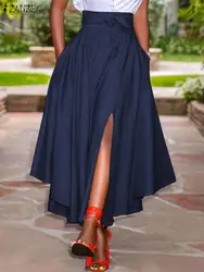 ZANZEA 2024 Summer Women Party Split Sundress Stylish Irregular Skirts High Waist Maxi Vestidos Solid Robe Saia Holiday Faldas