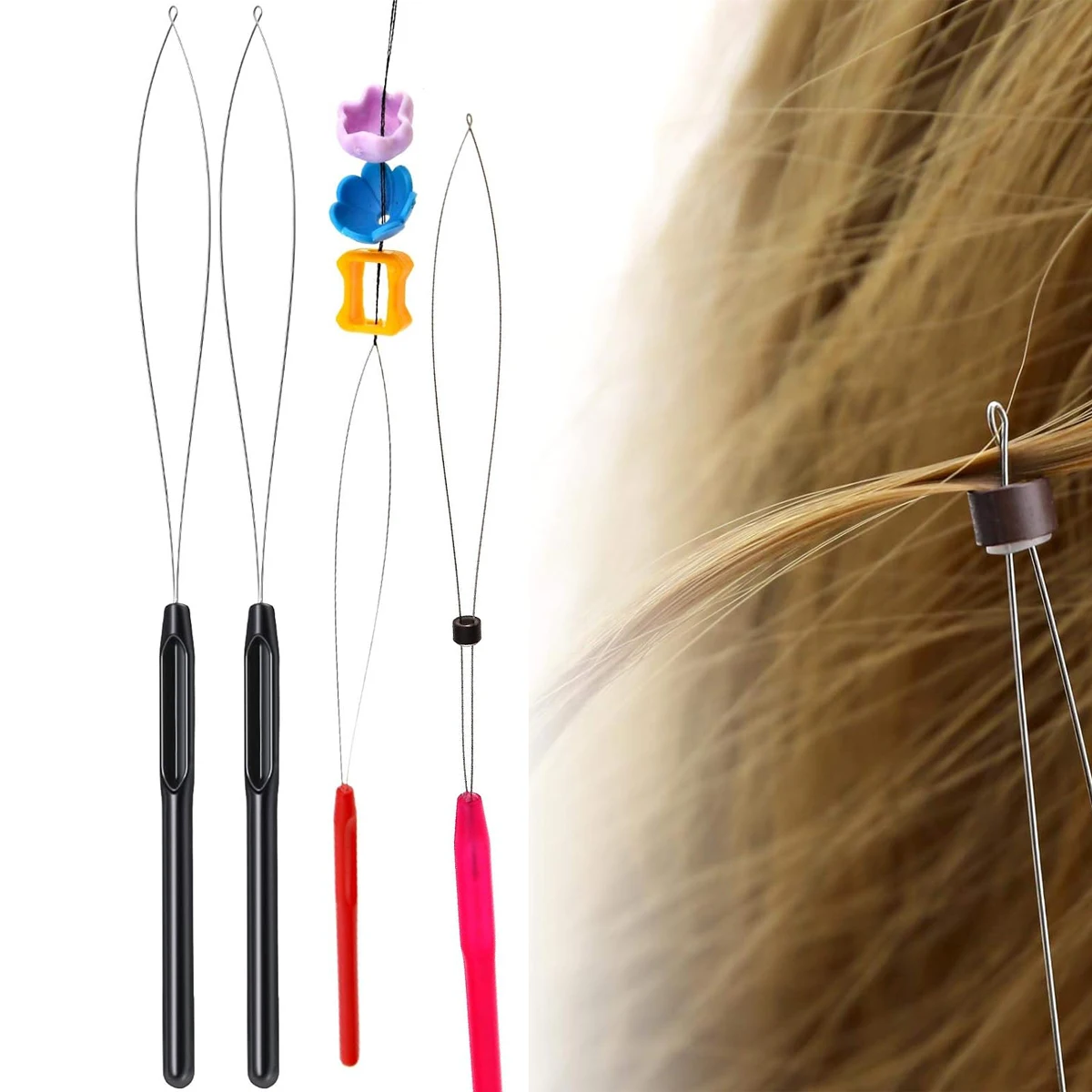 5PCS Plastic Handle Hair Extension Tufting Threader Beader Wigs Crochet Tool Supplies Hair Weaving Hook Needle Micro Rings Loop