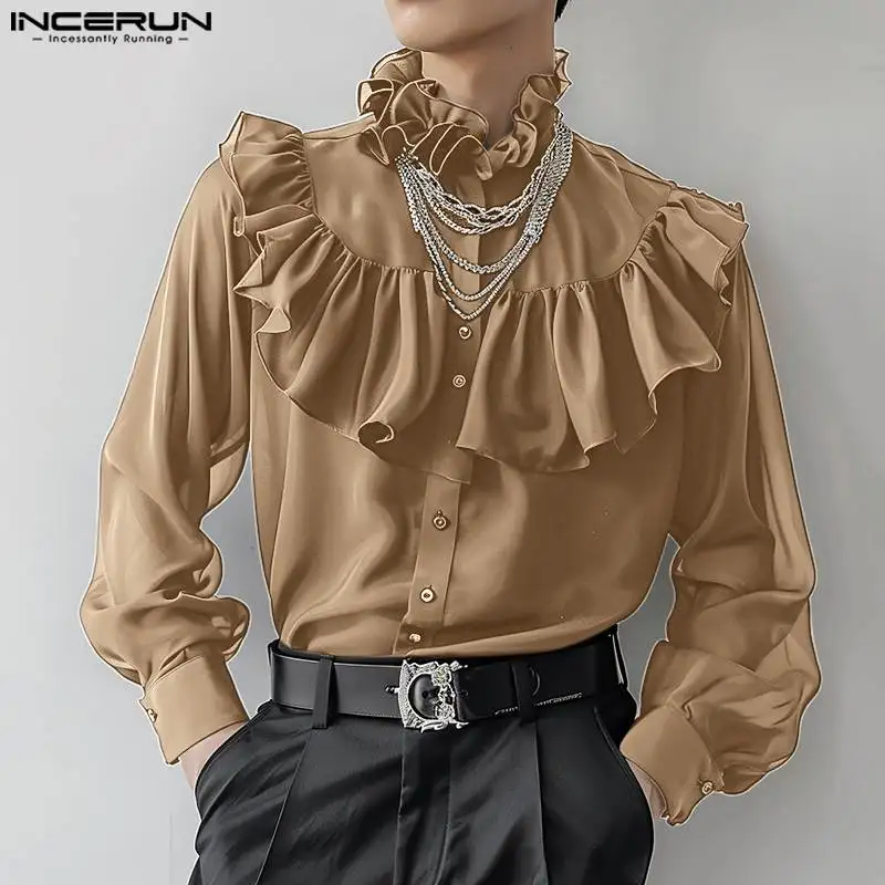 INCERUN Men\'s Shirts Solid Color Stand Collar Long Sleeve Button Casual Men Clothing Ruffle Streetwear 2024 Fashion Male Shirts