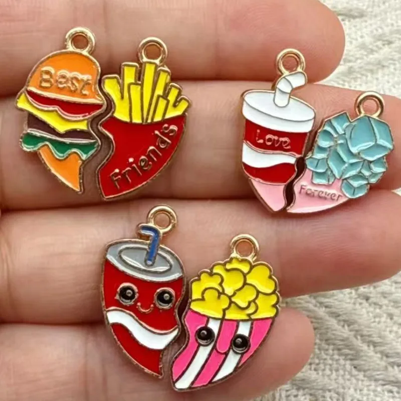 10 Uds. De abalorios esmaltados de patatas fritas, hamburguesa, Pizza, jugo, Cola, collares hechos a mano, accesorios para hacer joyería DIY