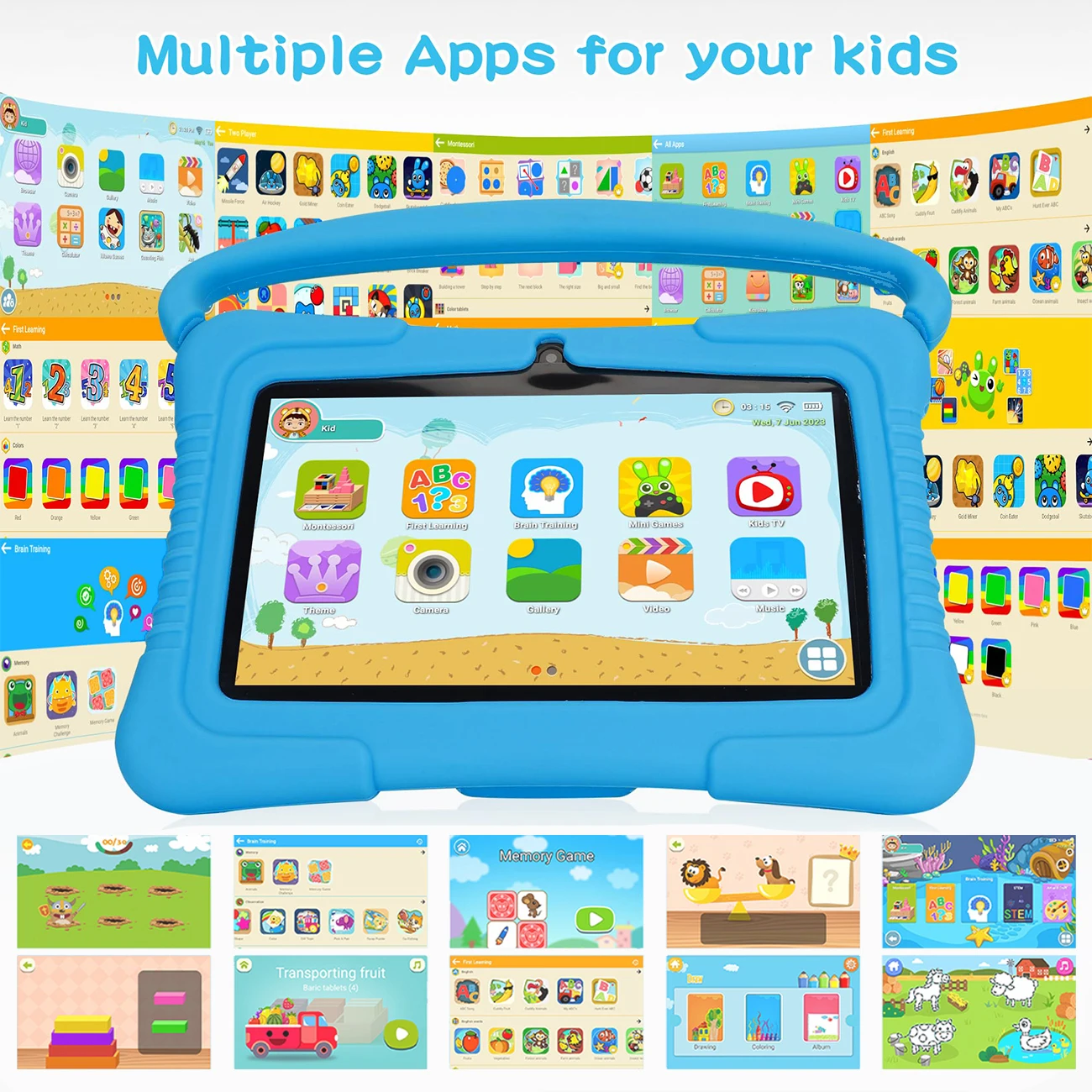 ماكينة تعلم الأطفال مقاس 7 بوصات، شاشة عالية الوضوح، كاميرات مزدوجة، WIFI، 2+32 جيجابايت، تحكم بالأبوية، هدية مفضلة للأطفال