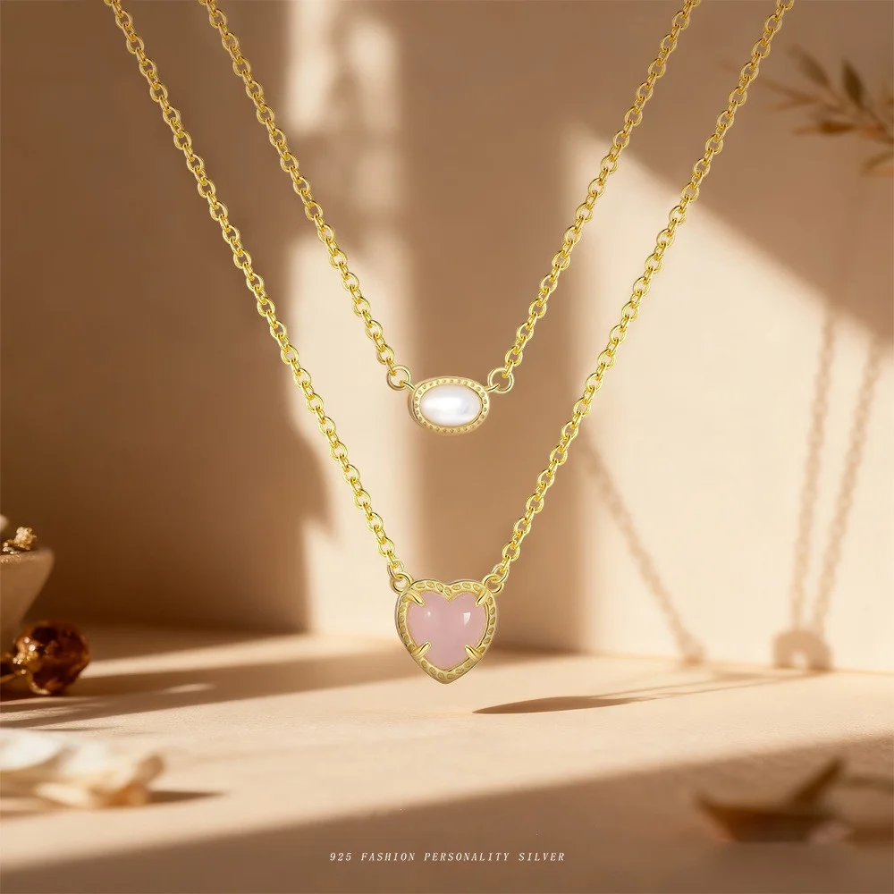 

Женское ожерелье из стерлингового серебра 925 пробы с розовым нефритовым сердечком, модный темпераментный геометрический аксессуар