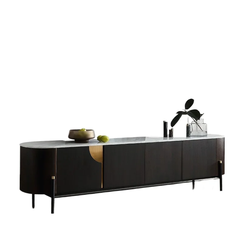 

Italian light luxury smoky color TV cabinet coffee table combination marble surface bedroom high-end custom size arc floor