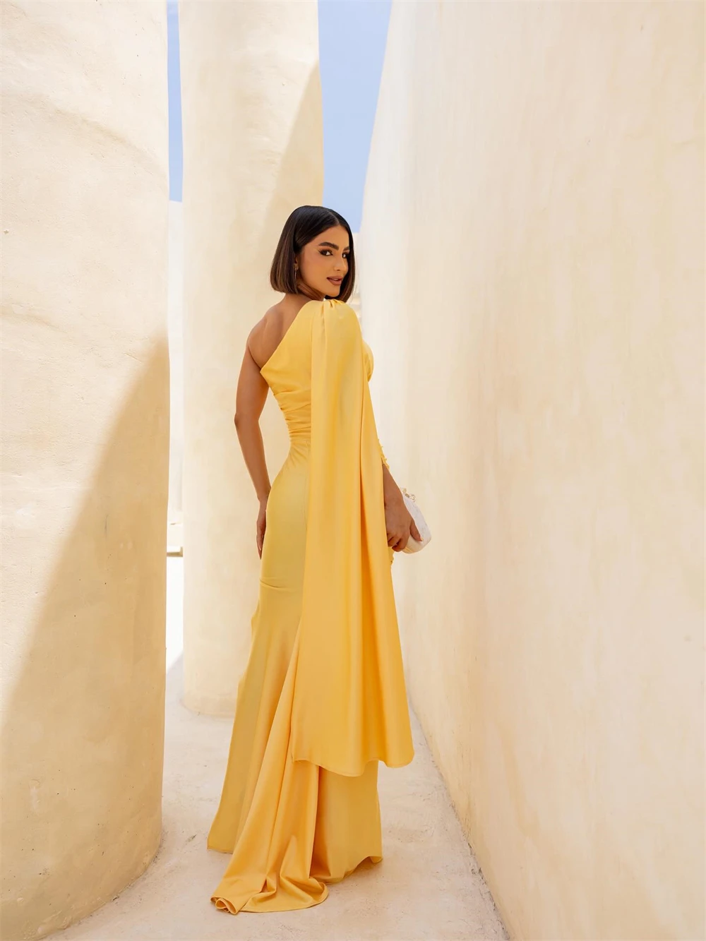 

Customized Mermaid Simple Yellow Jersey Homecoming Dress Temperament One Shoulder Evening Gowns Sexy Special Occasion Gowns