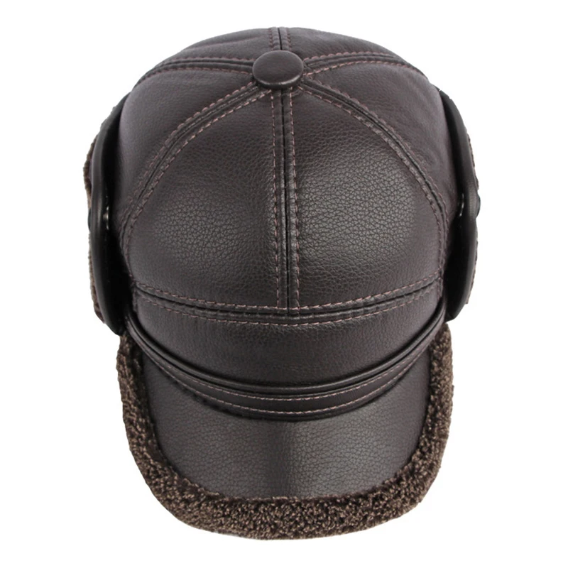 Winter Baseball Cap Men PU Leather Bomber Caps Middle Elderly Dad Hat With Earflaps Thicker Warm Windproof Russian Trapper Hat