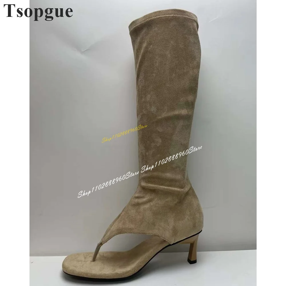 

Khaki Flock Knee High Flip Flop Boots Thin High Heel Shoes For Women Side Zipper Split Toe 2024 Fashionable Zapatos Para Mujere