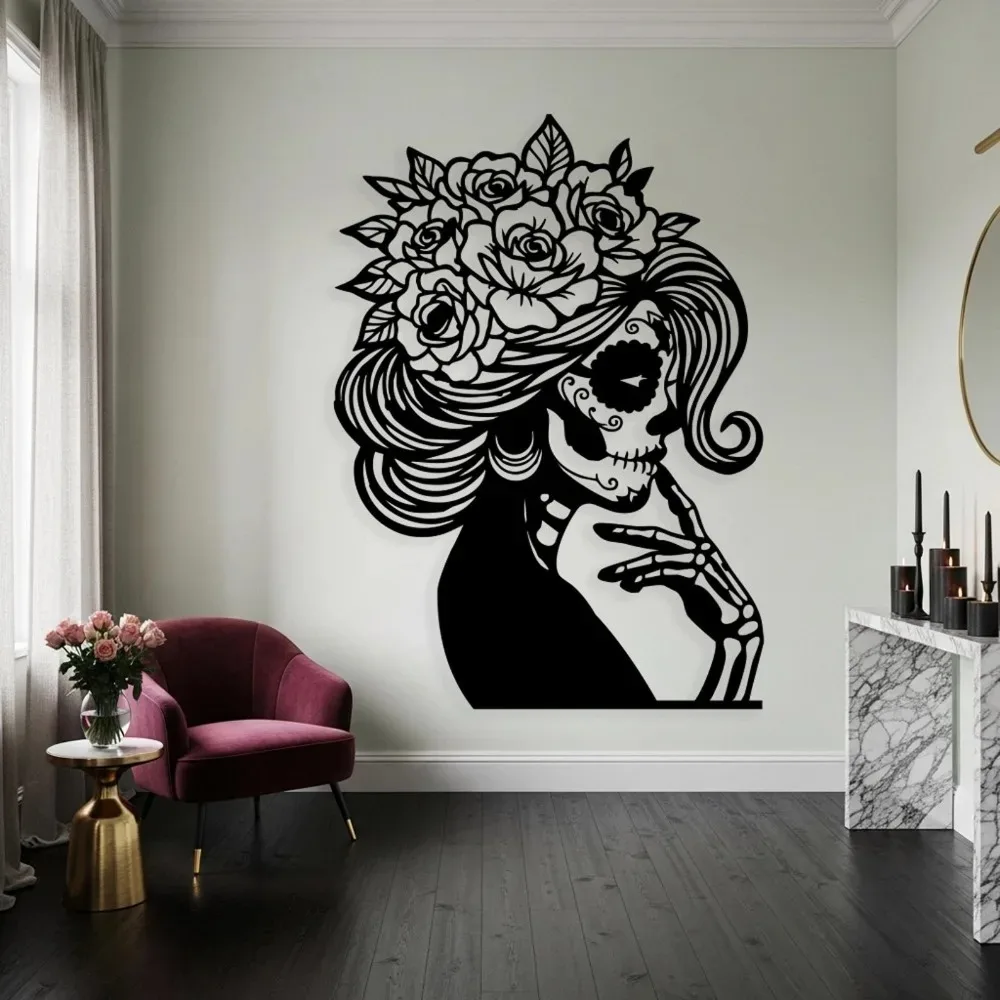 CIFbuy Sugar Skull Woman Iron Metal Wall Art, Day of the Dead Boho Floral Hanging Decor & Dia De Los Muertos Gift Ornament