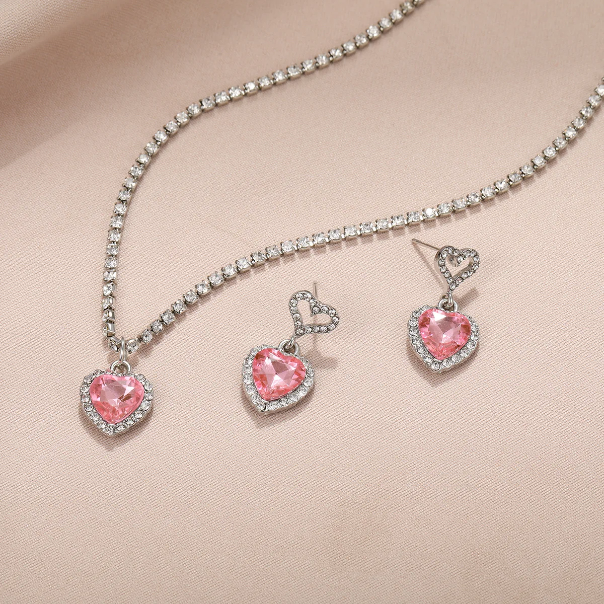 3pcs Fashion Heart Zircon Pink Crystal Earrings Necklace Set for Women Luxury Dangle Necklace Earring Wedding Jewelry Sets Gifts