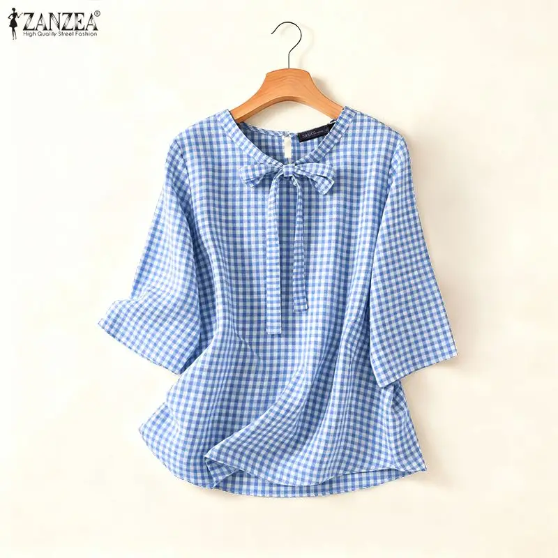 

ZANZEA Women Plaid Blouse Fashion 3/4 Sleeve Casual Bow Shirts Summer Checked Printing Elegant Office Lady Blusas Female Tops