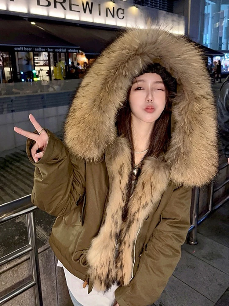 새로운 도착한 여성 이동식 분리형 큰 진짜 너구리 모피 칼라 파카 따뜻한 다운 재킷 느슨한 특대 파카 까마귀 코트
