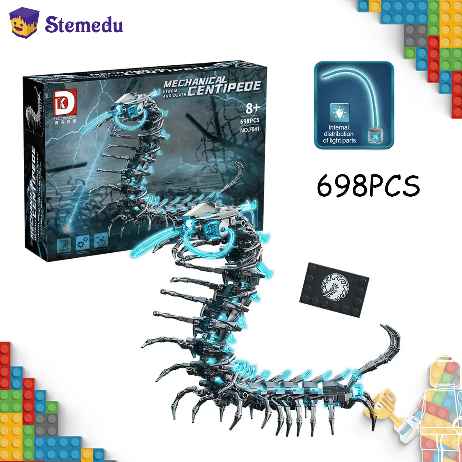 

698 шт. MOC Mech Centipede, механическая модель, головоломка, строительные блоки, подарок на день рождения, мелкие частицы с блоком, световая развивающая игрушка