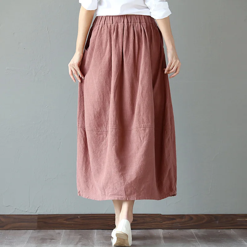 Elastic waist Cotton Linen Solid color Women Skirt Vintage Mini girl style Casual Summer Skirt female Cute Long Skirt