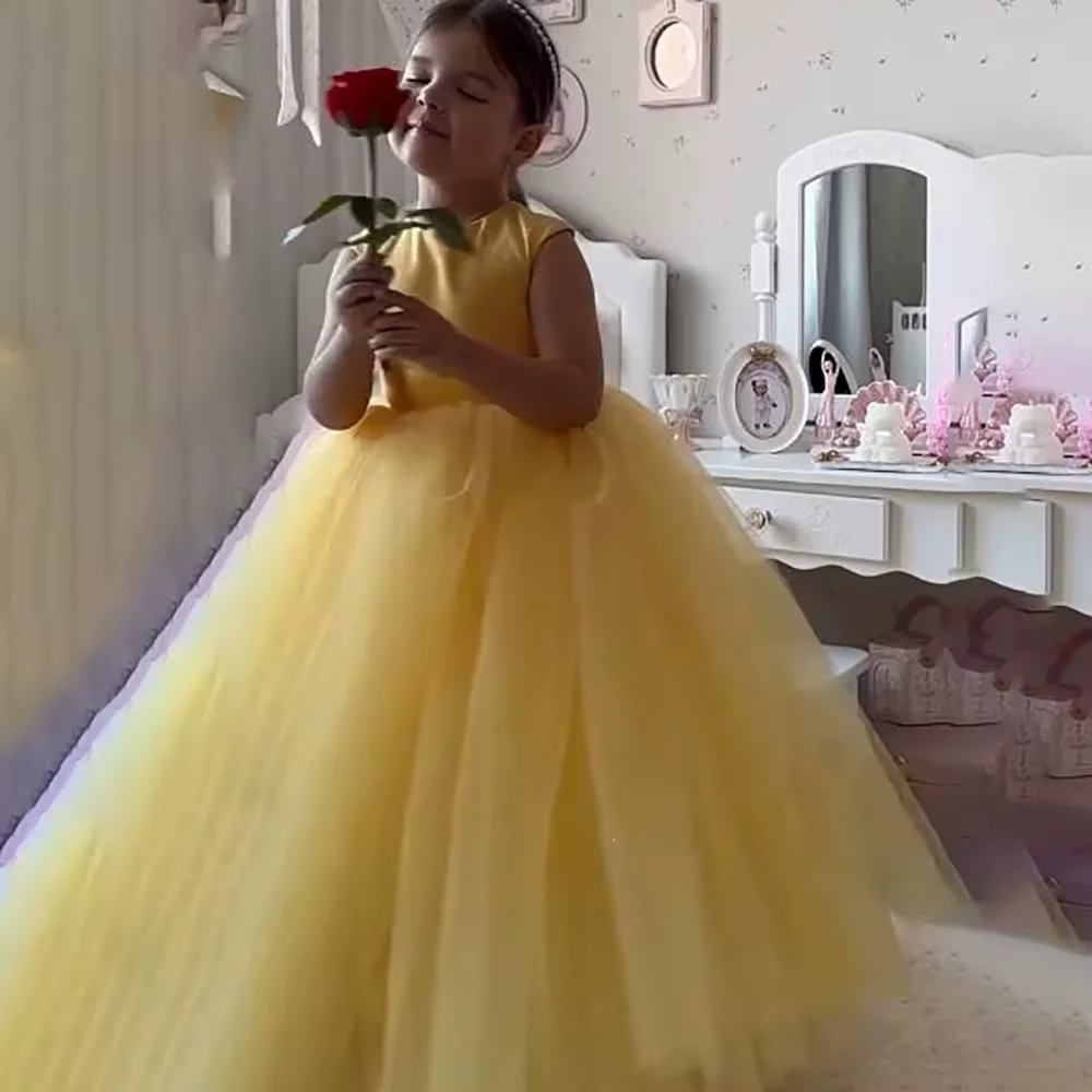 

Flower Girl Dress Vintage Princess O-Neck Sleeveless Tulle Back Up Dress Kids Lovely Elegant First Communion Birthday Party Gown