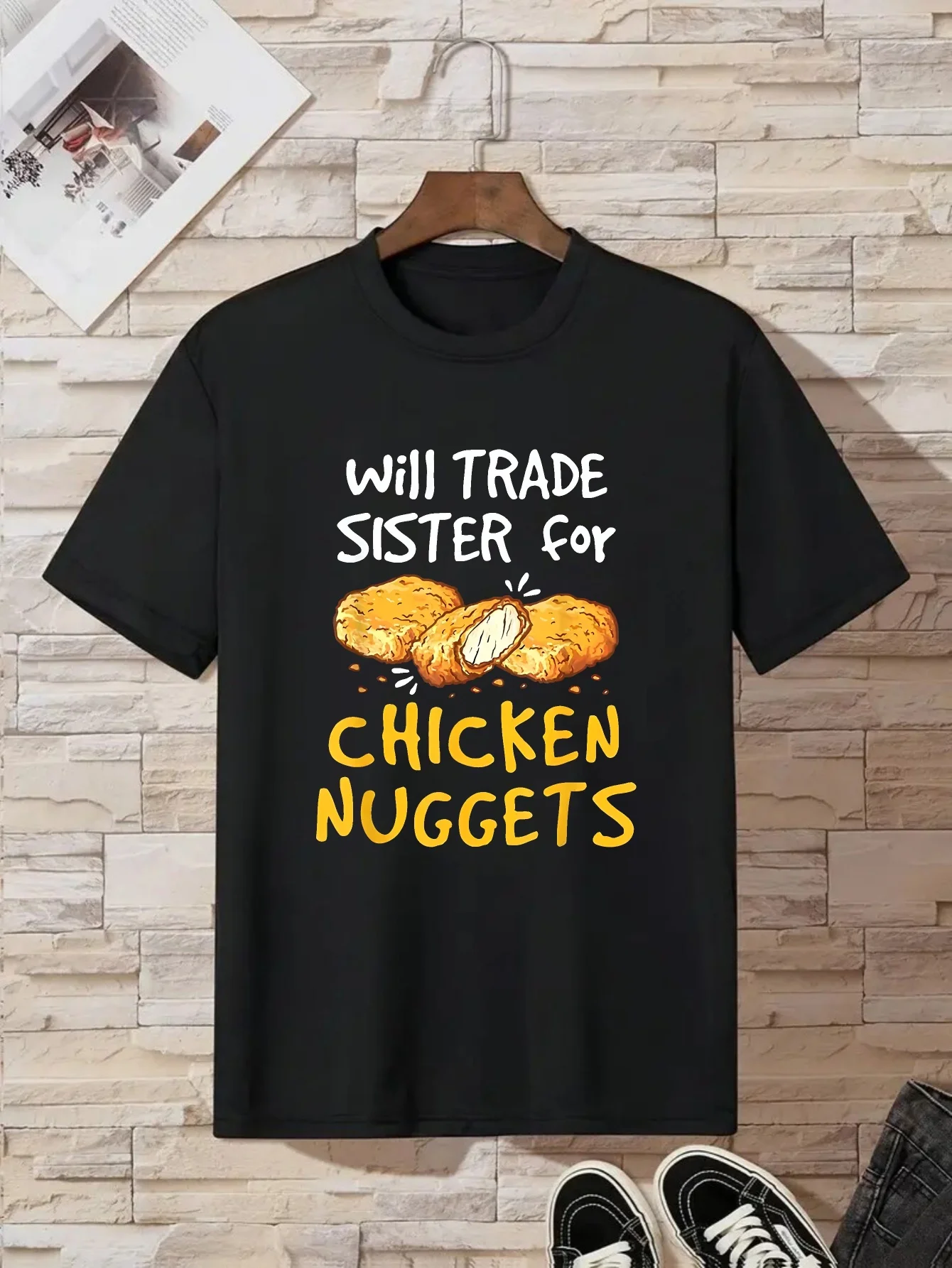 

Will Trade Sister for Chicken Nuggets Women T-Shirt with Fun Food Themed Design Casual Summer Style for Everyday Tshirt Y2K Top