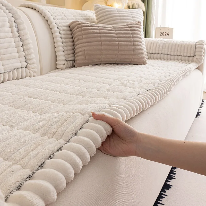 1pc Fluffy Stripe Flannel Thicken Warm Quilting Sofa Cover, Non-Slip Couch Seat Pad Pet Friendly Furniture Protector