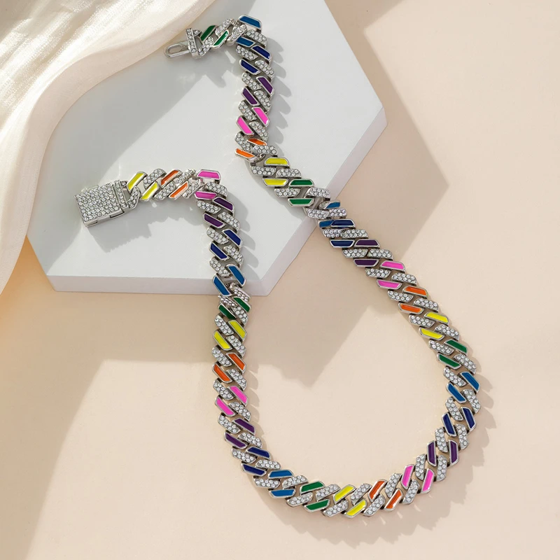 Fashion Men Women Hip Hop Necklace 12mm Rainbow Colors Miami Rhinestone Cuban Link Chain Necklaces Hiphop Jewelry Gift