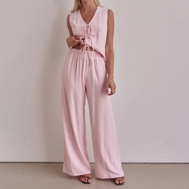 TARUXY Fashion Lace Up Hosen Sets frauen Ärmellose Weste Top Solide Lose Hosen Set Herbst Neue Dame Elegante Pendler Outfits