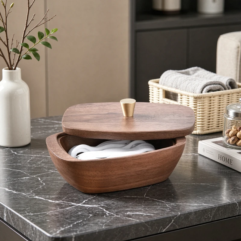 Solid Wood Toothpick Floss Holder Box Cotton Swab Storage Organizer for Bathroom Desk Home Vanity Modern 원목 수납함