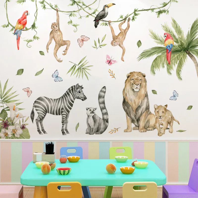 Big Nordic Jungle Animals Wall Stickers for Kids Rooms Boys Room Bedroom Decoration Elephant Giraffe Plants Wallpaper Posters