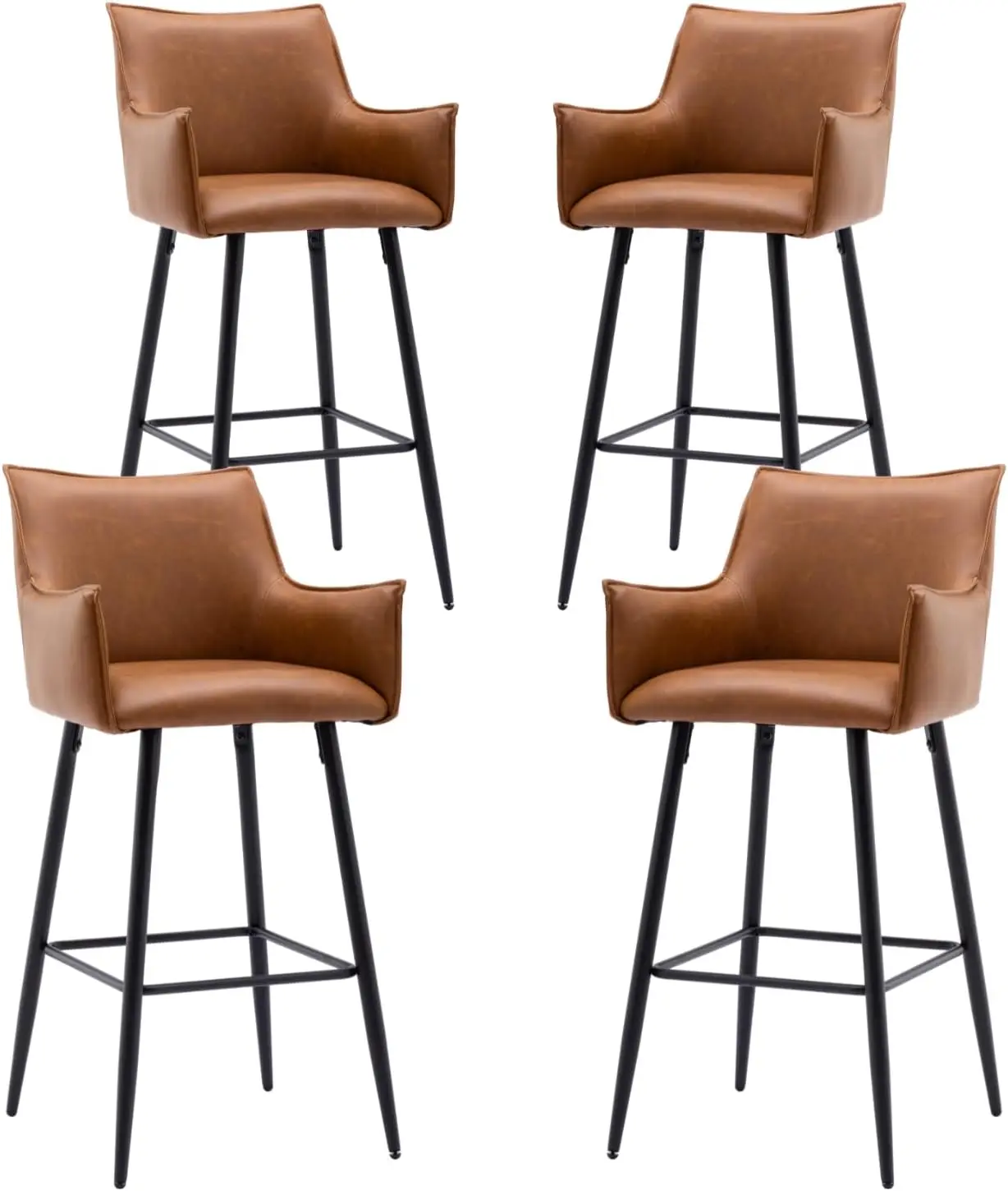 

30"" Brown Bar Stools Set Of 4, Pu Leather Upholstered Kitchen Island Bar Stools With Comfy Ba Modern High Dining Chairs With