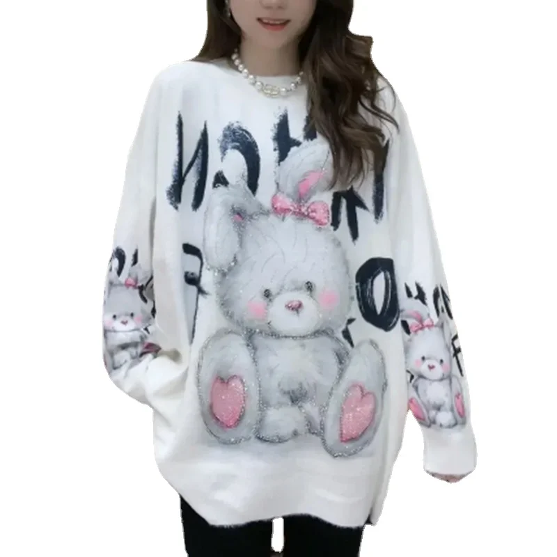 Cartoon Rabbit Sweet Hooded Loose Sweater 2023 Autumn Winter Women\'s Letter Rhinestone Loose Pullover Long Sleeve Knitted Top