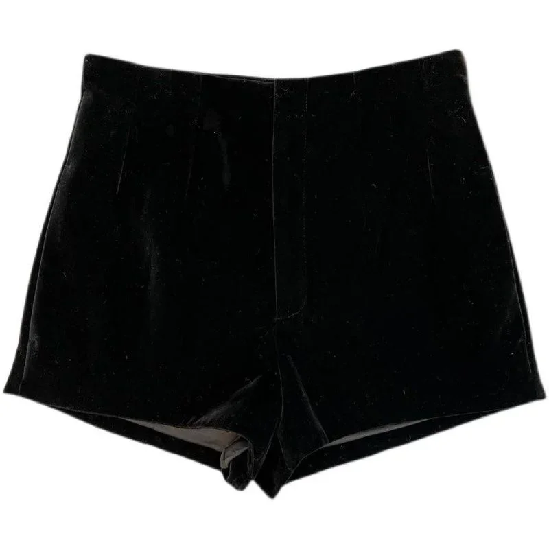 Black velvet shorts for women's outerwear with a high a with summer pants women's shorts