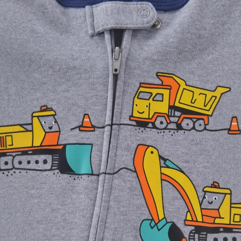 بدلة رومبير مريحة من القطن لحديثي الولادة للجنسين بسحاب قطري لفصل الربيع والخريف للأطفال على شكل دب لطيف ونمط مركبة البناء