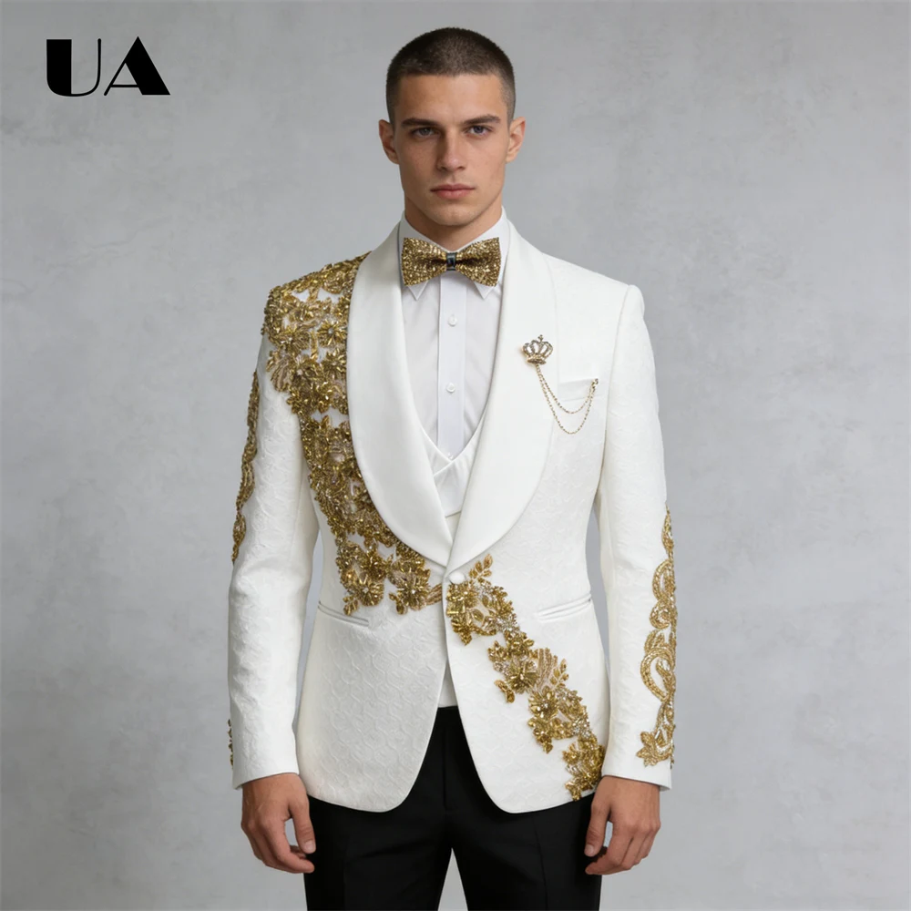 

Luxury 3-Piece Suit Set for Men XS-3XL Gold Beading Appliques for Wedding, Groom Suits, (Jacket Vest Pants) Prom Suit Attire