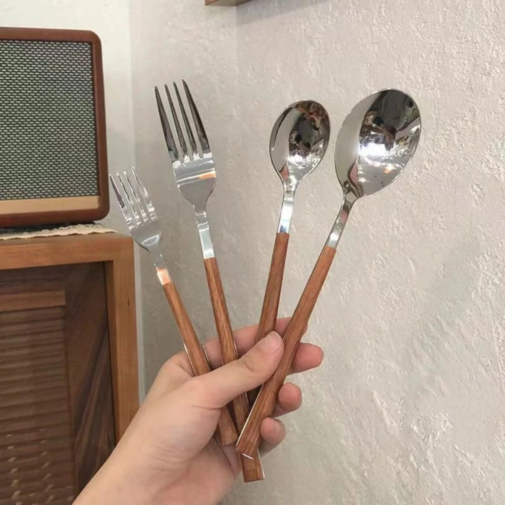 Simplicity Stainless Steel Spoon Fork Knife Portable Thickened Cutlery Set Western Tableware Wood Grain Steak Knife