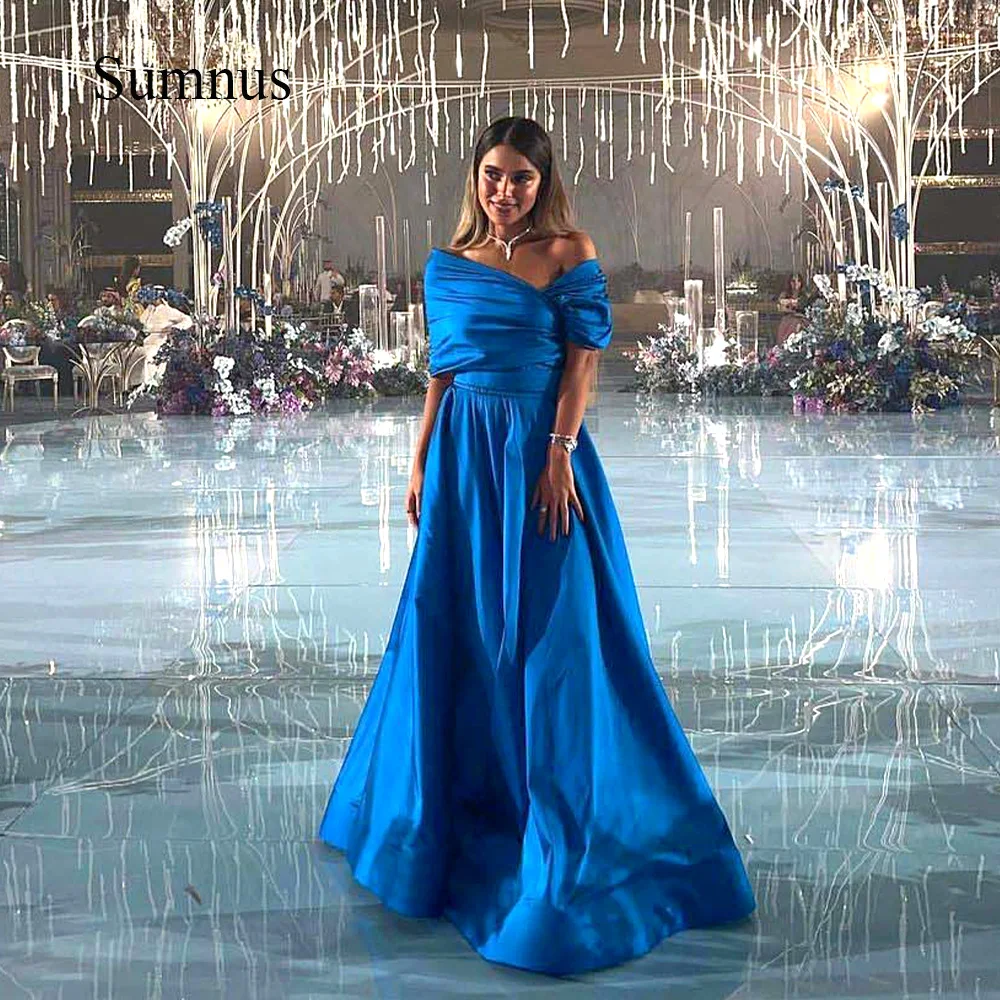 Azul fora do ombro vestidos de noite dubai plissados cetim uma linha saudita árabe casamento festa vestido longo formal feito sob encomenda