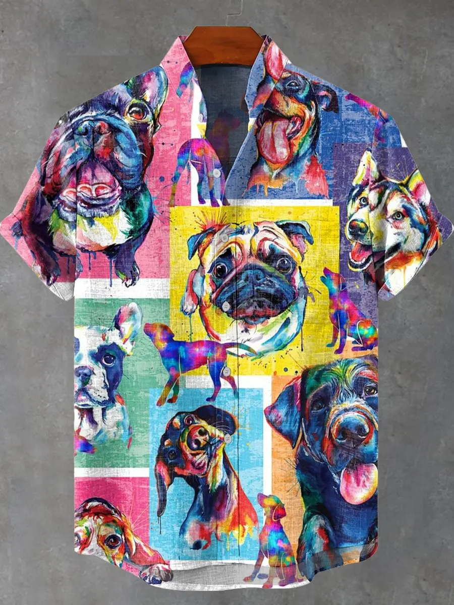 

2025 European and American men's standing collar short sleeved dog pattern casual printed bamboo cardigan linen shirt 3D single