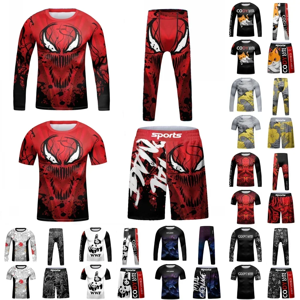 Kids MMA Muay Thai Jiu Jitsu Rashguard T-shirt+Shorts Sportswear Boys Children Boxing Clothing Basketball Running Sets Tracksuit