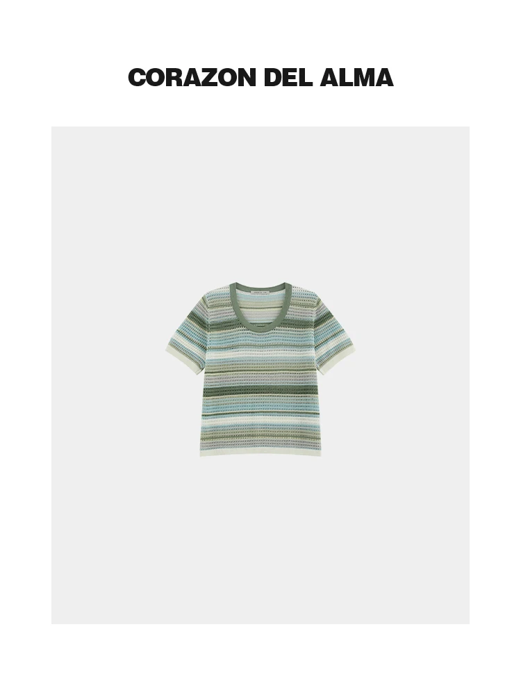 

Dry Cool Breathable Linen Hollow out Knitted Top Retro Striped Design Comfortable Loose Fit Women's Summer Fashion