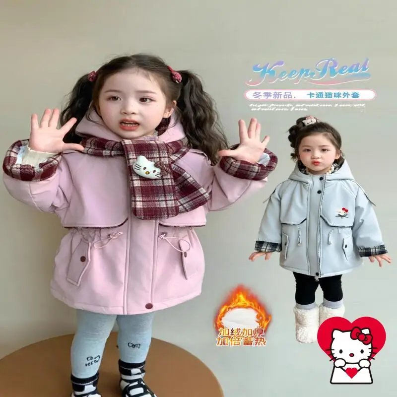 

Hot Sanrio Hello Kitty Trench Coat Kawaii Y2K Anime Children's Clothing Kids Thickening Coat for Girls Overalls Duvet Winter New