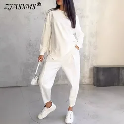 Autumn Long Sleeve Loose Leisure Suit Woman Fashion Round Neck Top Pullover & Long Pants Outfit Spring Solid Color Two Piece Set