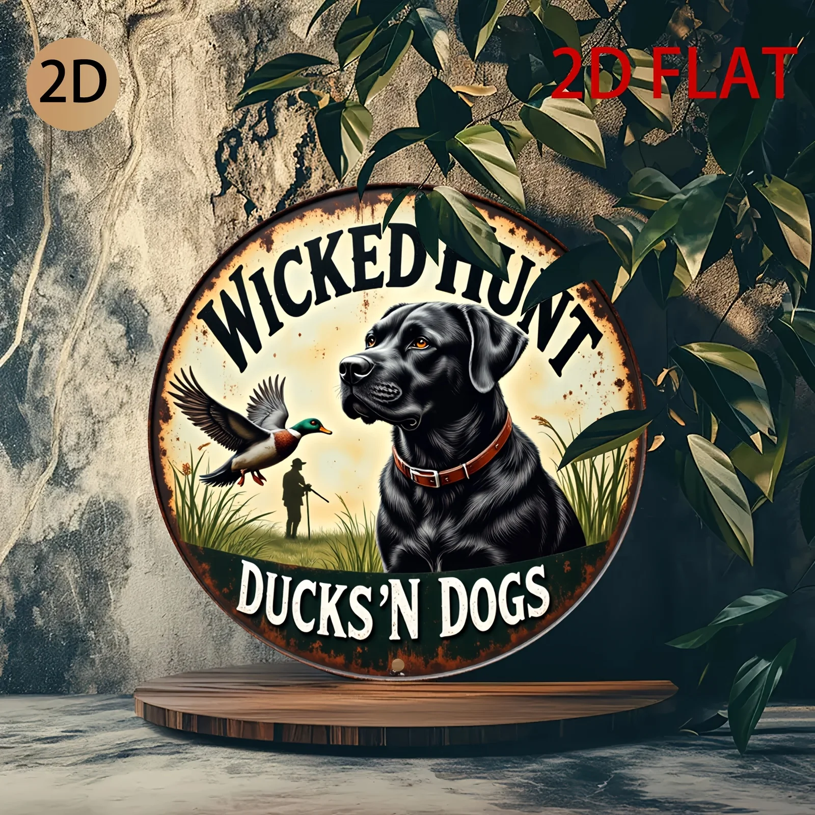 Vintage Hunting Cabin Decor - Circular Metal Wall Art Sign with Duck Hunting Dogs - Rustic Farmhouse Garage Decoration -