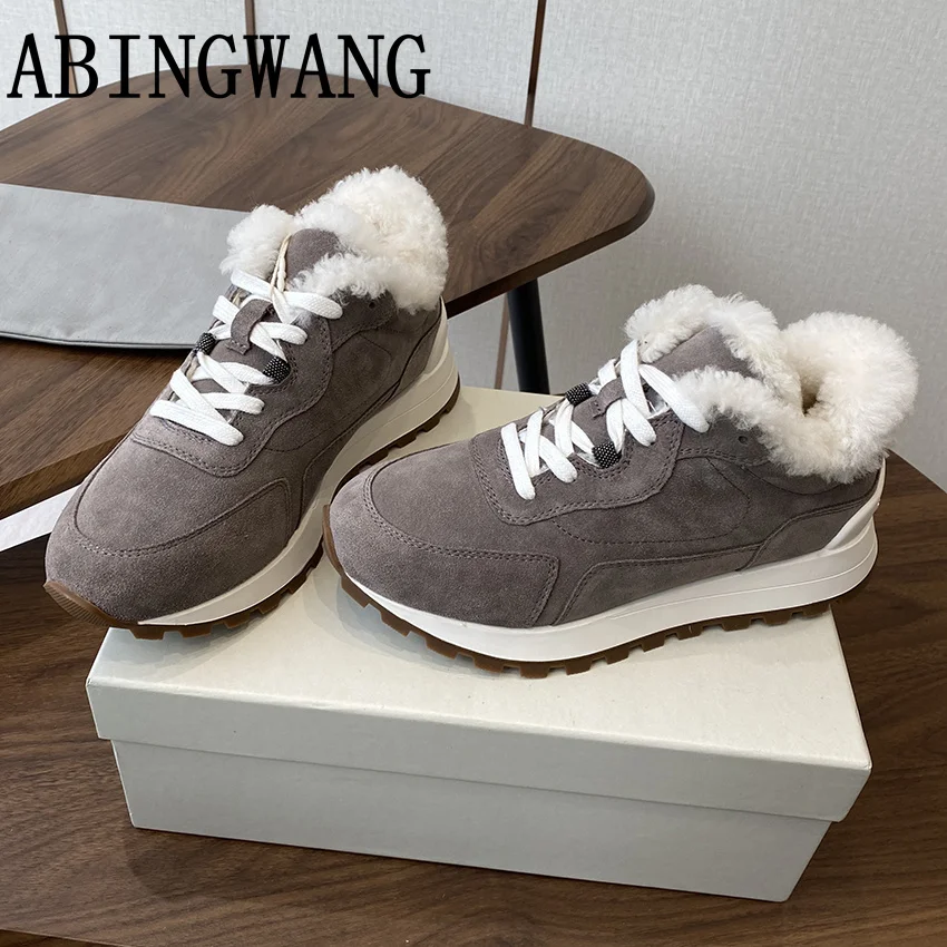 

Высококачественная женская теплая обувь на меху Auede с круглым носком на шнуровке, женские кроссовки для ходьбы, бега, повседневная зимняя обувь