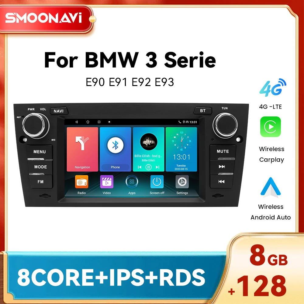Android 14 Wireless Carplay AI Lettore multimediale per auto vocale per BMW E90/E91/E92/E93 8GB 128GB Radio Navigazione DSP GPS 4G Wifi