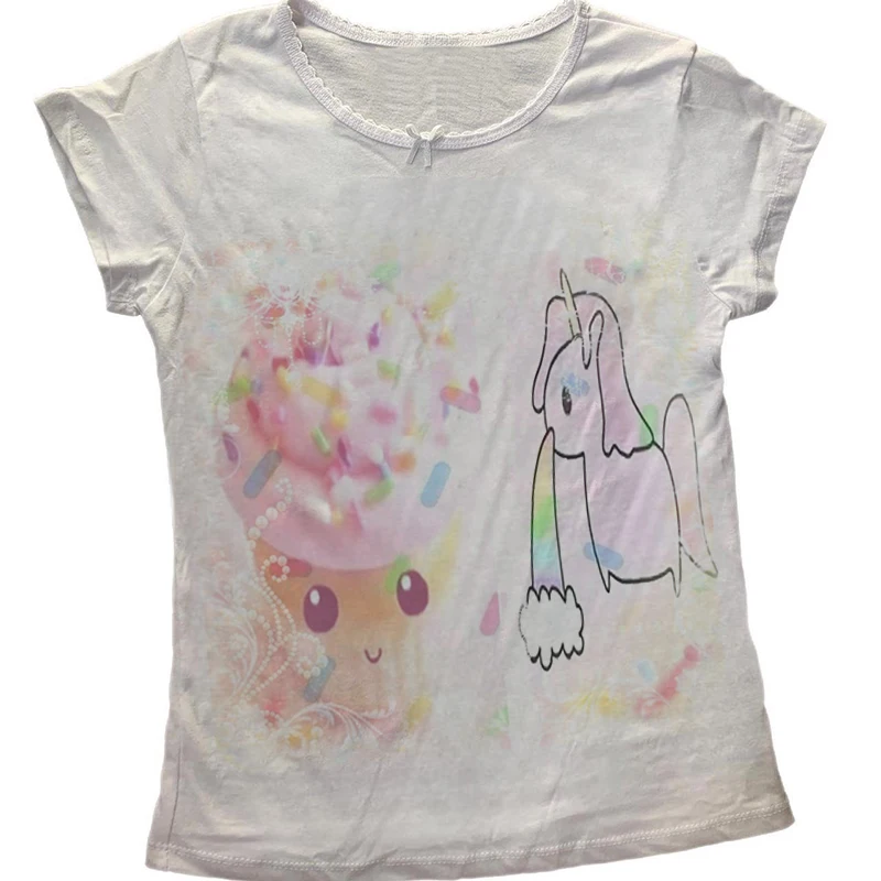 Kawaii Coquette Damen Rundhals-Langarmshirt mit süßem Einhorn-Eiscreme-Print, schmal geschnittenes Y2K Vintage Casual T-Shirt – Detail 6
