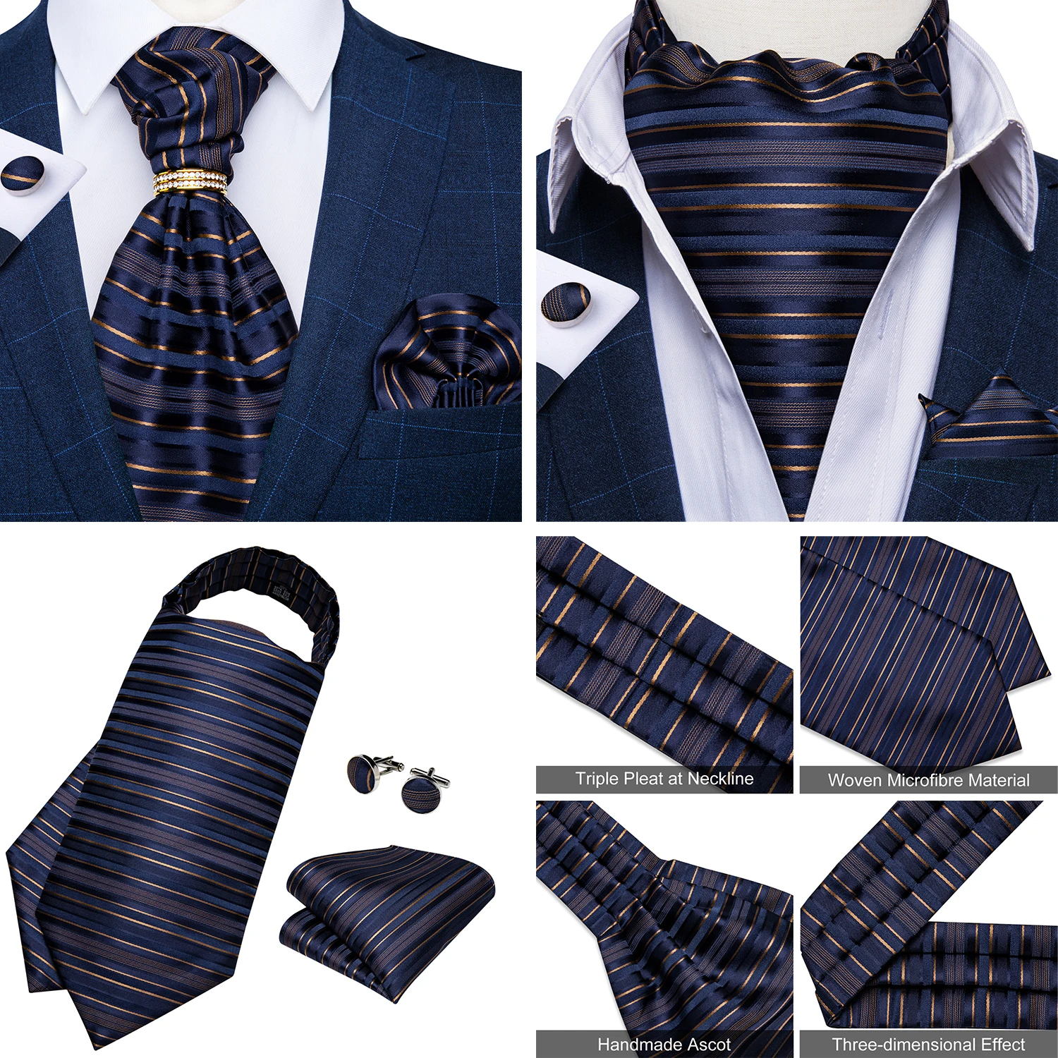 Luxury Men Green Blue Paisley Ascot Tie Set Solid Necktie Ring Wedding Party Cravat Purple Ties Pocket Sqaure Cufflink Free Ship