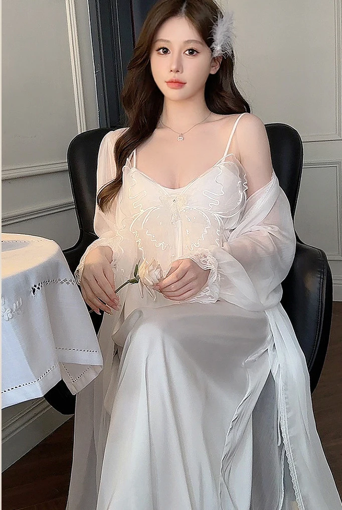 Sexy Lace Robe Gown Set Summer New Chiffon Sleepwear Kimono Bathrobe Nightgown Suit Women Casual Satin Home Dress Loungewear